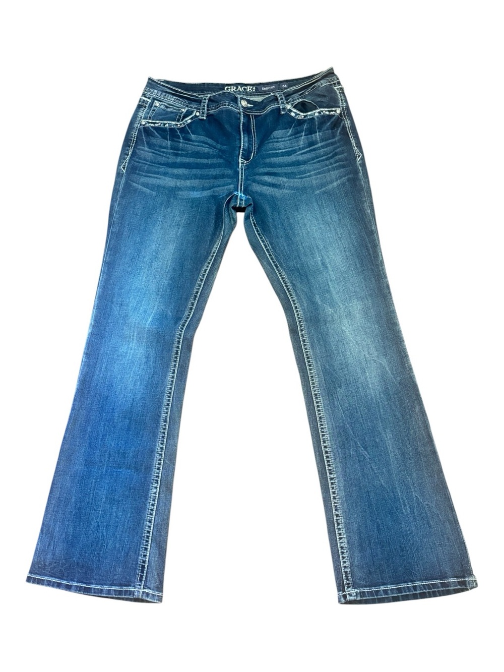 Grace in LA Medium Blue Rhinestone Bootcut Jeans with Contrast Stitching Size 34